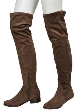 Brown Over-the-Knee Slouch Boots – Women’s Suede-Look Flat Heel